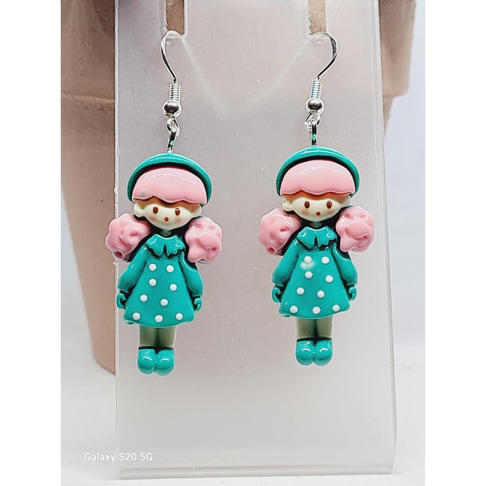 Handmade Teal Pink Doll Girl Drop Earrings Polka Dot Dress‎ Resin Jewelry